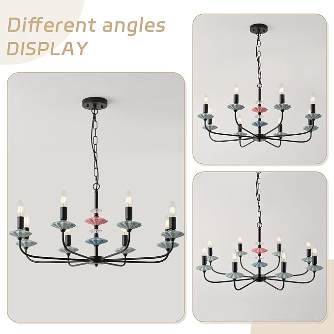Black Chandeliers for Dining Room Light Fixture Over Table,8-Light Art Deco Chandelier, Modern Vintage Chandelier with Ceramic,Farmhouse Chandelier for Girls Bedroom,Living Room, Foyer