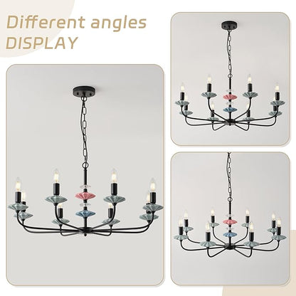 Black Chandeliers for Dining Room Light Fixture Over Table,8-Light Art Deco Chandelier, Modern Vintage Chandelier with Ceramic,Farmhouse Chandelier for Girls Bedroom,Living Room, Foyer
