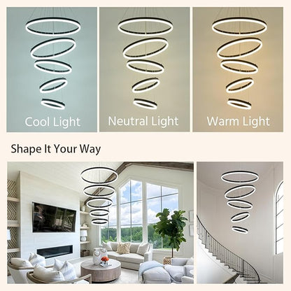 5 Rings Modern LED Chandelier for Foyer, Black High Ceiling Chandeliers Dimmable Pendant Lighting with Remote Control for Dining Room Living Room Staircase(3000K-6500K D23.6)