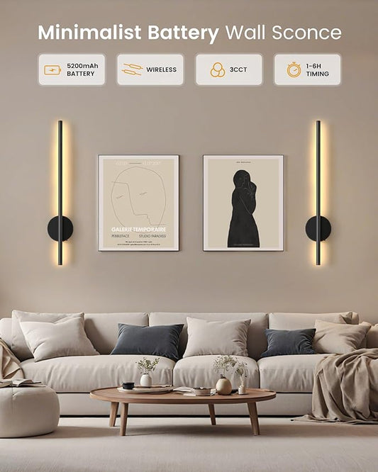 NIORSUN 27.6 Inch Battery Operated Wall Sconce Set of 2, Black Minimalism Rechargeable Wall Lights with Remote, 3CCT Dimmable Wireless Wall Lamp for Living Room Bedroom Hallway