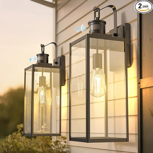 DORESshop Large Size Motion Sensor Outdoor Wall Lights, 20 Inch Matte Black Waterproof Anti-Rust Outdoor Light Fixtures Wall Mount with Clear Glass Shade for Porch, Garage, ETL Listed, 2 Pack