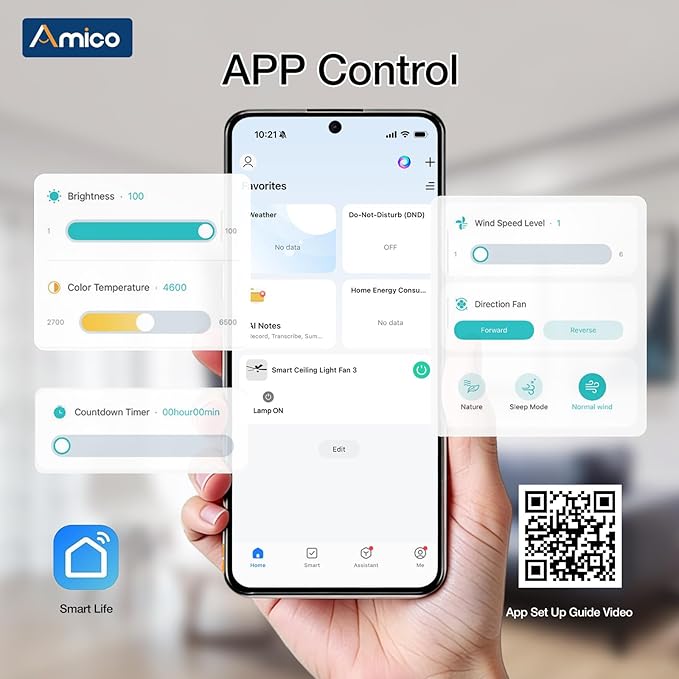 Amico Ceiling Fans with Lights, 52 inch Smart Ceiling Fan with Remote/APP/Alexa Control, Flush Mount, Reversible DC Motor, 5 Blades, 6 Speeds, 3CCT, Dimmable, Noiseless, Bedroom, Living Room, Black