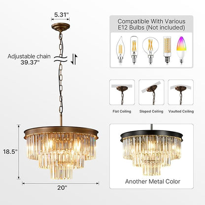 Modern Crystal Chandeliers For Dining Room: 20" Farmhouse Vintage Chandelier For Bedroom - Antique Copper Round Ceiling Pendant Light Fixtures For Living Room Entryway Kitchen Over Table Island Foyer