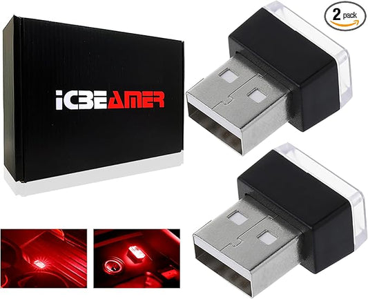 ICBEAMER USB Type-A LED Night Light 2-Pack (Red) | Plug-in Universal Fit Automotive Accessory for Car Interior and Trunk Ambient Atmosphere Lighting