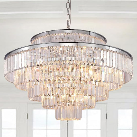 Crystal Chandelier Chrome Modern Luxury Pendant 7-Tier 31" Ceiling Lights Fixture for Dining Room, Living Room, Foyer
