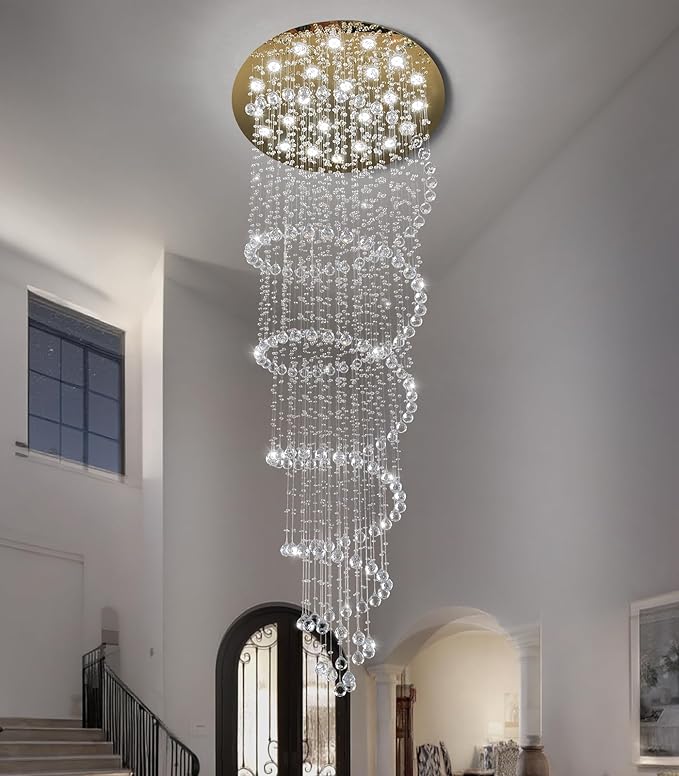 HAIXIANG W47 x H118 High Ceiling Chandelier with LED Bulbs Dimmable Long Light Glam Chandeliers Crystal Pendants Light Fixtures for Foyer Entryway Living Room Stair Gold