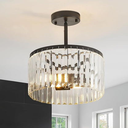 Modern 12" Black Semi Flush Mount Crystal Ceiling Light Fixtures for Dining Room Luxury Glam 2-Light Small Chandeliers Lighting for Bedroom Entryway Hallway Living Room Kitchen Island Foyer