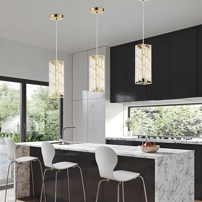 Brass Pendant Lights Modern Pendant Light Fixture, Mini Crystal Pendant Ceiling Light, Pendant Light for Kitchen Island, Dinning Room, Bedroom, Kitchen Sink Lighting (3-Pack)
