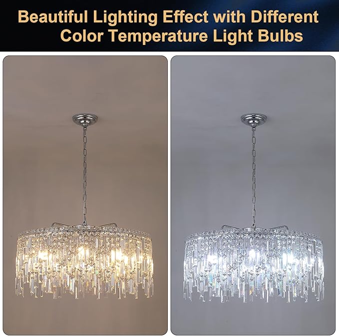 A AXILIXI Large Crystal Chandelier 30'' Chrome Modern Chandelier for Dining Room 10 Light Drum Chandelier Luxury K9 Raindrop Crystal Ceiling Pendant Fixtures for Living Room Bedroom Staircase Foyer