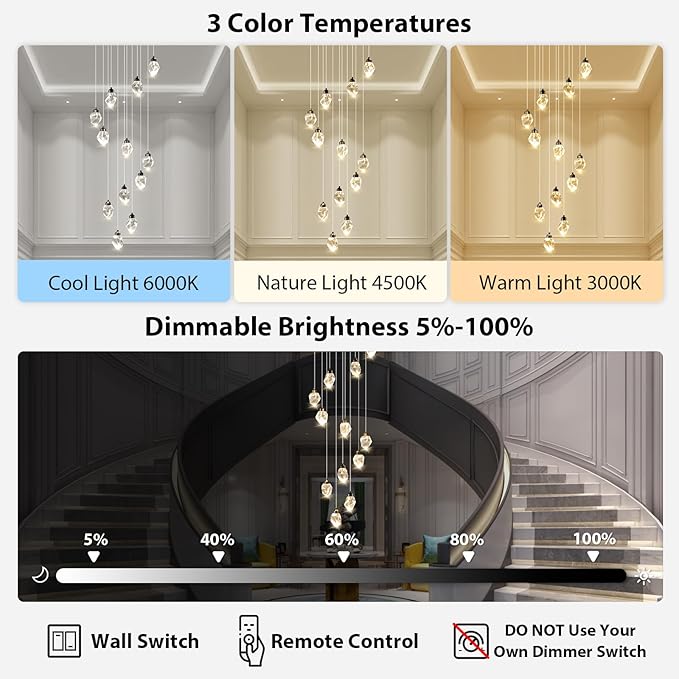 Crystal LED High Ceiling Chandelier: Long Remote Dimmable 12 Pendant Light Fixtures - Spiral Drop Flush Mount Sloped Ceilings Modern Chandeliers For Entryway Living Room Foyer Staircase Entrance