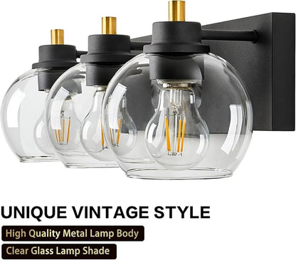 Tuscarora 3 Light Bathroom Vanity Light, Black and Gold Bathroom Light Fixtures Over Mirror, Modern Vanity Light with Clear Glass Shade, Black Wall Sconce for Mirror
