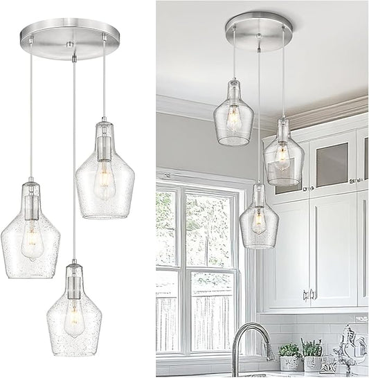 Emliviar Modern Kitchen Chandelier Brushed Nickel, 3-Light Hanging Pendant Lighting with Seeded Glass, Cluster Pendant Light Fixture for Entryway, DYE286G2-3 BN
