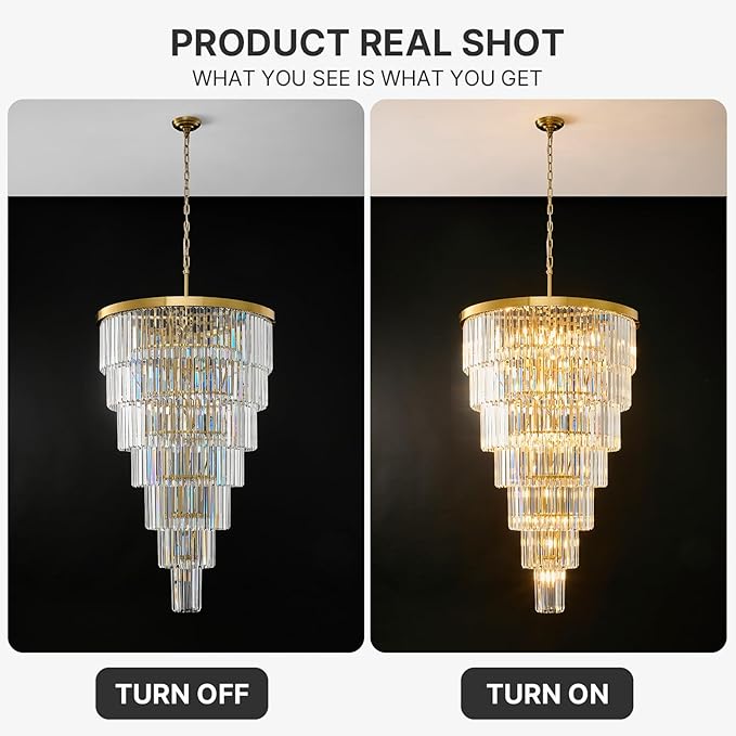 Crystal High Ceiling Chandelier Modern: 30" 7-Tiered Dimmable Staircase Chandeliers - Large Long Gold Hanging Pendant Light Fixture For Entryway Foyer Living Room - Round Flush Mount Ceilings Lights