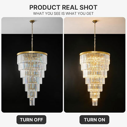 Crystal High Ceiling Chandelier Modern: 30" 7-Tiered Dimmable Staircase Chandeliers - Large Long Gold Hanging Pendant Light Fixture For Entryway Foyer Living Room - Round Flush Mount Ceilings Lights