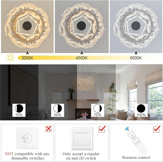 Flower LED Crystal Chandelier 20'' Modern Black Flush Mount Dimmable Chandelier Light Fixture with Remote Control for Dining Room Entryway Kitchen Bedroom(3000K-6500K)