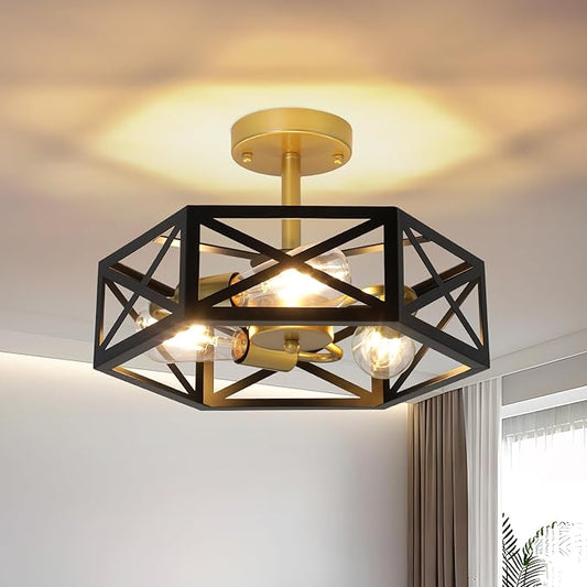 Farmhouse Light Fixtures Ceiling Mount 3-Light E26 Black Gold Semi Flush Mount Ceiling Light Fixture, Industrial Rustic Close to Ceiling Hallway Lights for Bathroom Entryway Kitchen
