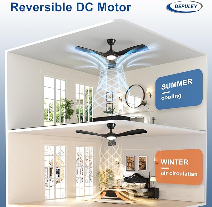 Depuley 52-Inch Ceiling Fan with Light: Black 3 Blade Outdoor Fans for Patios - Dimmable Indoor Fan with Remote Control Living Room Fandelier Ceiling Fans Ultra Quiet DC Motor Reversible 6 Speed Timer