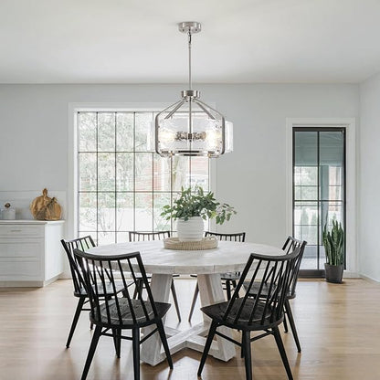 Luupyia 17.7 Inches Glass Drum Chandelier, 4Lights Modern Glass Chandeliers, Height Adjustable Nickel Drum Crystal Chandeliers Pendant Light Dining Room Kitchen Entryway Chandelier for Foyer
