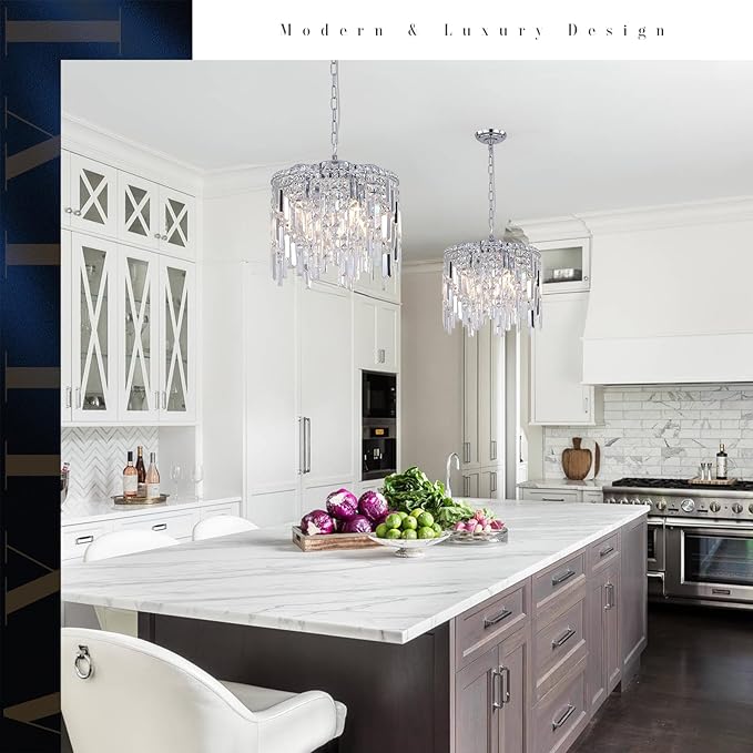 Chrome Crystal Chandelier Small Crystal Pendant Light Fixture 16" Raindrop Flush Mount Hanging Chandelier with Adjustable Chain K9 Crystals 2 Tiers for Kitchen Island Dining Room Bedroom Hallway