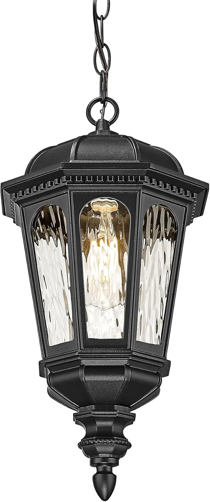 Emliviar Porch Light Fixture Hanging, Black Adjustable 16.3" Outdoor Chandelier Hanging Porch Light, Water Ripple Glass Shade, XE304H-M BK-SW