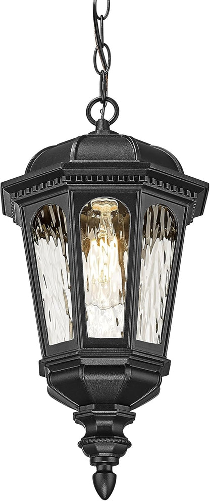 Emliviar Porch Light Fixture Hanging, Black Adjustable 16.3" Outdoor Chandelier Hanging Porch Light, Water Ripple Glass Shade, XE304H-M BK-SW