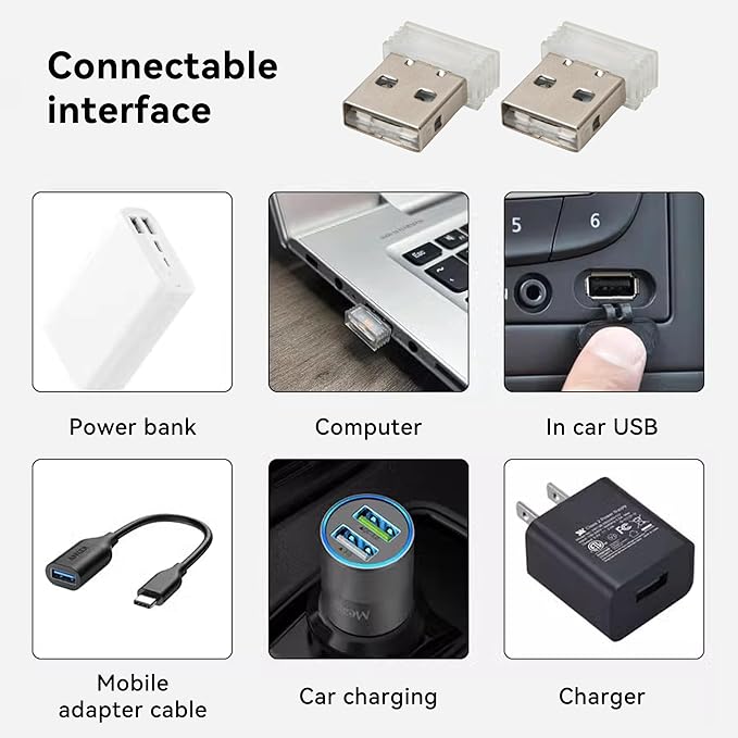 2 PCS USB LED Car Interior Atmosphere Lamp, Portable Mini LED Night Light, Plug-in USB Interface Trunk Ambient Lighting Kit, Universal Car Accessories (Touch Switching Between 7 Colors)