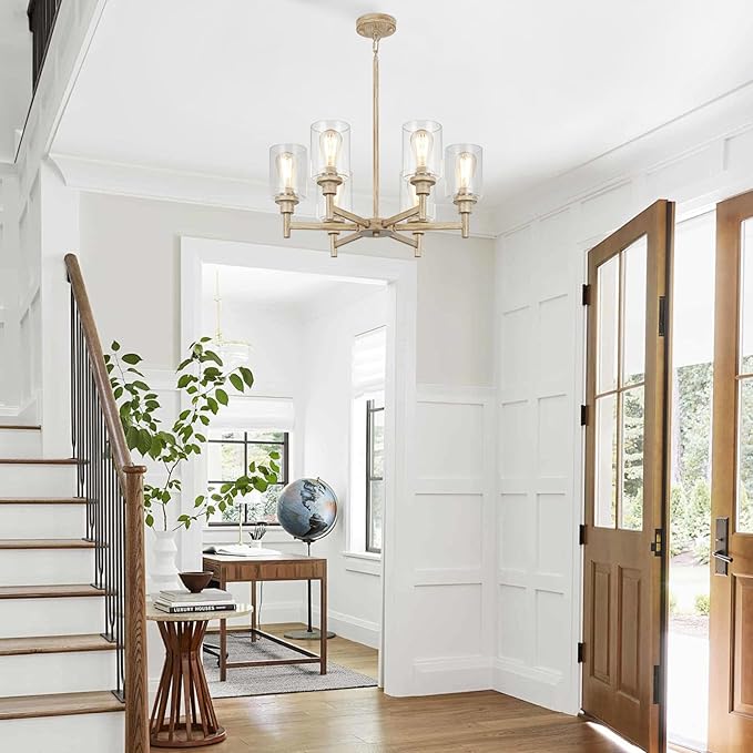 6 Light Farmhouse Chandeliers for Dining Room | Rustic Dining Room Light Fixtures Over Table | Fake Wood Hanging Lighting with Clear Glass Cover for Living Room | Kitchen Island | Entryway | Bathroom