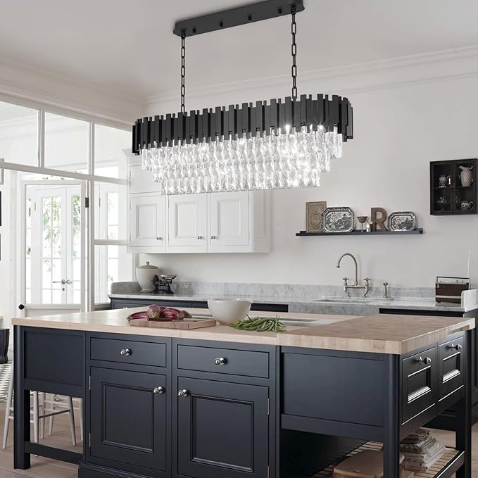 40" Black Rectangular Crystal Chandelier for Dining Room, 10-Light Luxury Crystal Raindrop Chandeliers, Adjustable Height Chandelier for Staircase, Living Room, Foyer