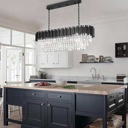 40" Black Rectangular Crystal Chandelier for Dining Room, 10-Light Luxury Crystal Raindrop Chandeliers, Adjustable Height Chandelier for Staircase, Living Room, Foyer