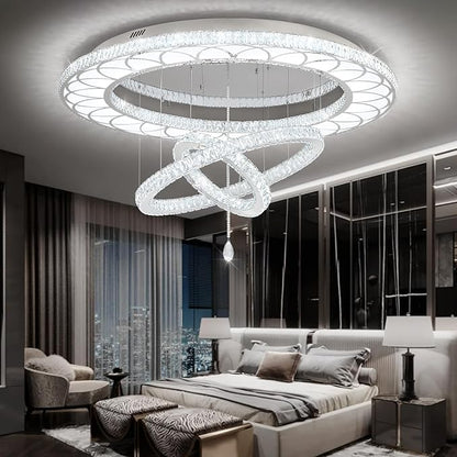 Flashing God Extra Large Chandelier Dia 55" Chrome Chandeliers Flush Mount Chandelier for Living Room Bedroom Dining Room Hallway Dimmable 3 Rings Ceiling Chandeliers