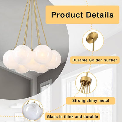 Modern Globe Chandelier Milky Glass Shade Gold Sputnik Ceiling Light Fixture, Mid Century Bubble Dining Room Pendant Light, Hanging Island Light for Kitchen Bedroom Entryway Over Table