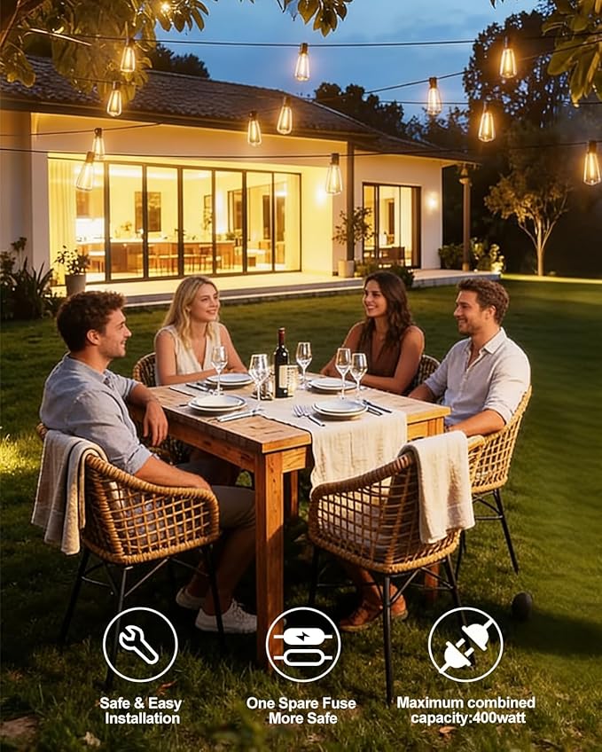 KGC 100FT LED Outdoor String Lights, Weatherproof Heavy Duty Patio Lights with 52 ST38 Shatterproof Edison Bulbs, Dimmable Vintage Bistro Lighting for Garden, Backyard, Pergola, Christmas Party
