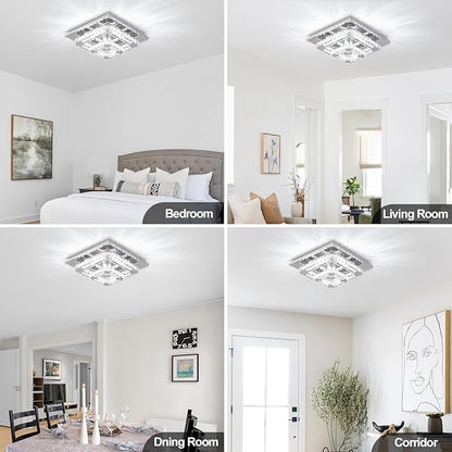 FRIXCHUR 12" Crystal Ceiling Light Crystal Chandelier LED Square Flush Mount Ceiling Light 2-Layer K9 Crystal Ceiling Fixture for Bedroom Living Room Dining Room Hallway Staircase Kitchen Closet