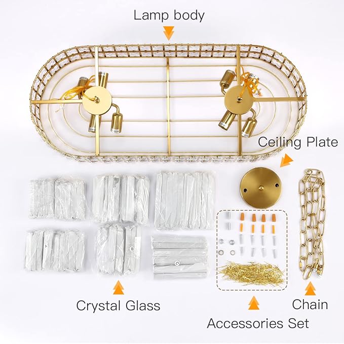 Modern Crystal Chandelier Gold Finish Light Fixture, Oval Crystal Pendant Light Hanging Lamp, for Living Room, Dining Room, Restaurant, E12 x 8, 29.5 x 13 inch