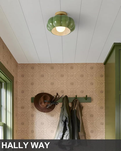Vintage Semi Flush Mount Ceiling Light,Mid Century Modern Ceiling Light Fixtures,10 Inch Green Glass Shade with a Gold Base,for Bedroom, Kitchen, Hallway, Entryway, and Balconie