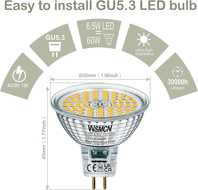 MR16 GU5.3 LED Bulbs, 6.5W Neutral White 4000K Light Bulbs, 60W Halogen Bulb Equivalent, AC/DC12V Low Voltage Bulb, 580Lm Spotlight Bulbs, Non-dimmable, 120° Beam Angle, Pack of 6