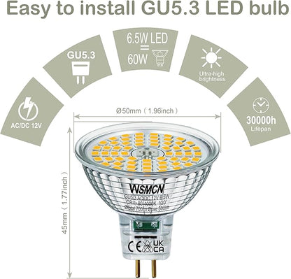 MR16 GU5.3 LED Bulbs, 6.5W Neutral White 4000K Light Bulbs, 60W Halogen Bulb Equivalent, AC/DC12V Low Voltage Bulb, 580Lm Spotlight Bulbs, Non-dimmable, 120° Beam Angle, Pack of 6
