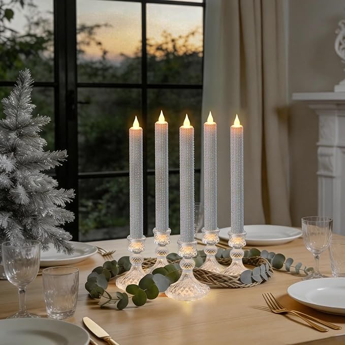LED Flameless Taper Candles with Remote Control,Set of 2, Silver Glitter Finish, Crystal Glass Candlestick Holders, Timer Function (White LED)