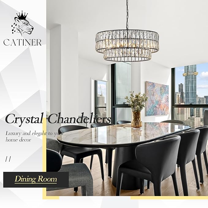 CATINER 24'' Black Crystal Chandeliers Luxury 8-Lights Pendant Chandelier Drum Semi Flush Mount Ceiling Lights for Living Room Dining Room Foyer Bedroom Kitchen