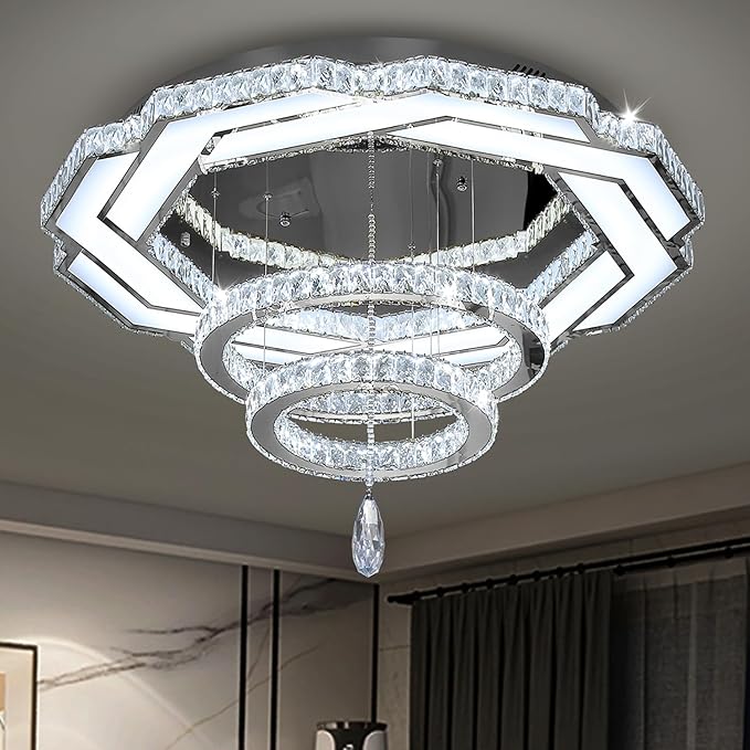 Flashing God 32in Crystal Ring Chandeliers for Living Room Flush Mount Ceiling Light for Bedroom Dining Room Hallway Dimmable LED 3 Rings Pendant Lighting