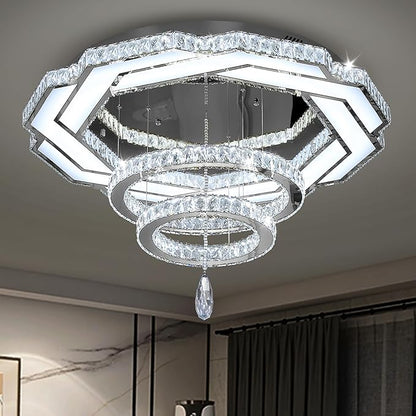 Flashing God 32in Crystal Ring Chandeliers for Living Room Flush Mount Ceiling Light for Bedroom Dining Room Hallway Dimmable LED 3 Rings Pendant Lighting