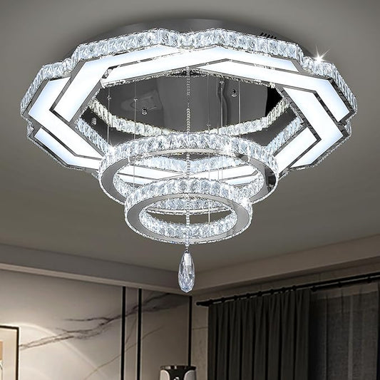 Flashing God 32in Crystal Ring Chandeliers for Living Room Flush Mount Ceiling Light for Bedroom Dining Room Hallway Dimmable LED 3 Rings Pendant Lighting