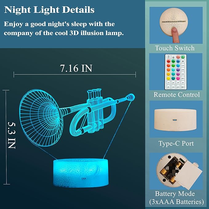 Trumpet Night Light, Trumpet Gifts, 3D Illusion Lamp with 16 Colors Changing, Timer, 4 Flash Modes and Dimmable, Kids Boys Girls Room Decoration, Holiday Xmas Gifts