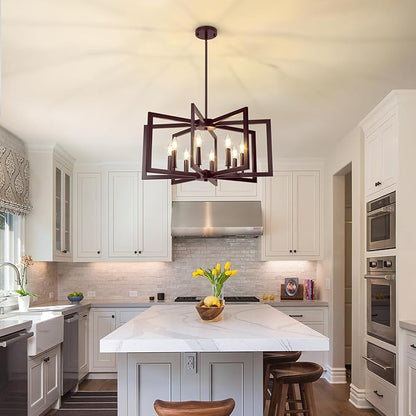 8-Light Oil-Rubbed Bronze Chandelier, Farmhouse Dining Room Light Fixture, Modern Chandelier, Geometric Industrial Metal Hang Lighting Fixture for Foyer Entryway Kitchen Over Table Hallway Living Room