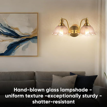 Bathroom Vanity Lights, 2 Light Bathroom Vanity Light with Floral Amber Glass Shades, Gold Vanity Light for Bedside Tables bathrooms vanities E26 (Bulb Not Included)
