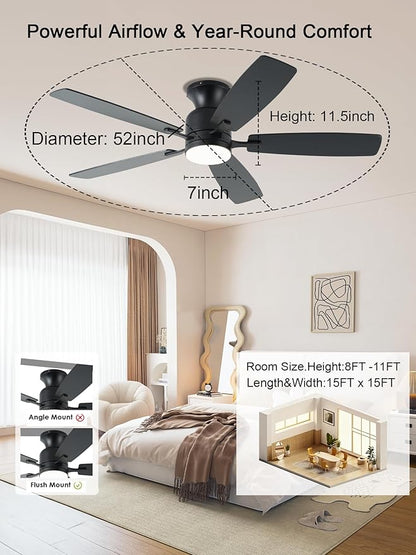 KNUN Ceiling Fans with Lights,52 Inch Flush Mount Ceiling Fan with Light and Remote/APP Control,3CCT Dimmable, DC Motor, Low Profile Ceiling Fan for Living Room, Bedroom, Indoor/Outdoor Use(Black)