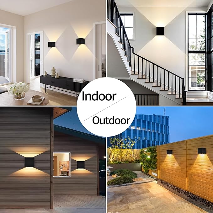 Mille Lucciole 12W 2Pack Outdoor Wall Lights Exterior/Interior,LED Black Outdoor Wall Sconces Light Fixtures Modern,IP65 Waterproof Square Aluminum Wall Lamps, Up and Down Lights 6500K Cold Lights