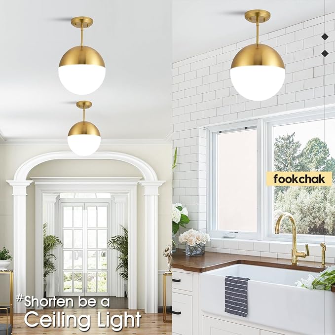 10in Glass Gold Pendant Light Globe Mid Century Modern Kitchen Island Pendant Lighting Brass Frosted Glass Hanging Light Fixtures Milky White Ball Pendant Lights for Dining Room Entry Bathroom