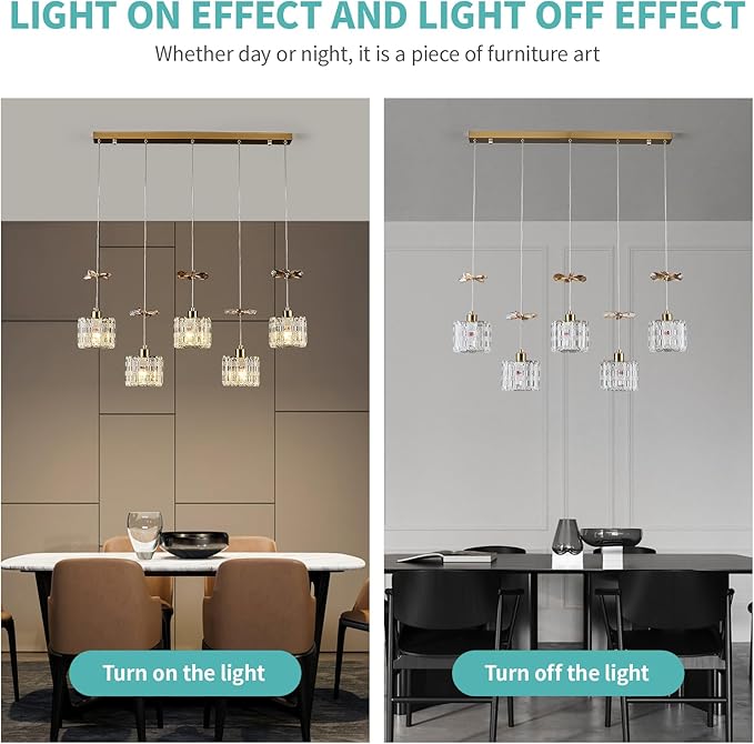BADUO Island Lights for Kitchen, 5-Light Kitchen Island Lighting with Adjustable Rods, Luxury Gold Crystal Pendant Lighting Hanging, Modern Linear Chandelier for Dinning Room Light Fixture