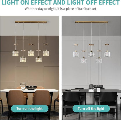 BADUO Island Lights for Kitchen, 5-Light Kitchen Island Lighting with Adjustable Rods, Luxury Gold Crystal Pendant Lighting Hanging, Modern Linear Chandelier for Dinning Room Light Fixture